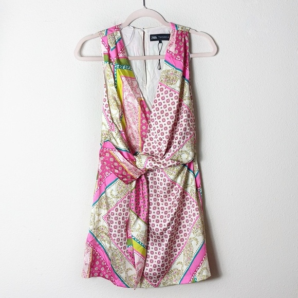 Zara Printed V-Neck Mini Dress Tie  Pink Green size M - Picture 11 of 12